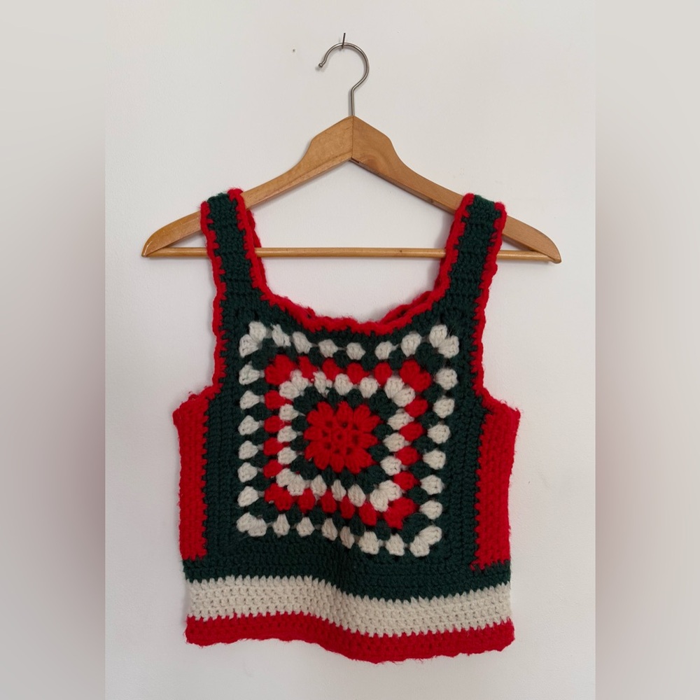 Vintage Hand Knit Crochet Sweater Vest Red & Green XS